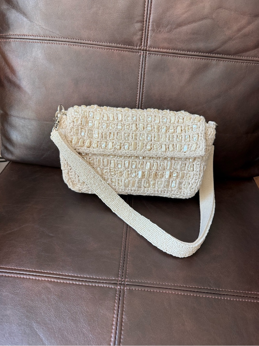 Woven Cream Shoulder Bag with Beaded Texture